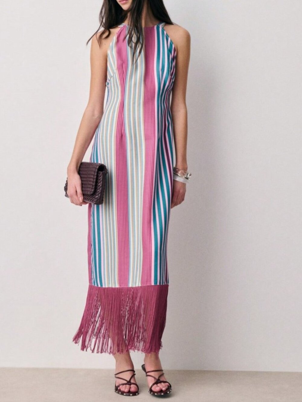 Multicolor Stripe Fringe Hem Midi Dress